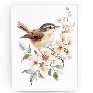 Watercolor Wren Bird Portrait Wall Art Illustration Print Poster Unframed